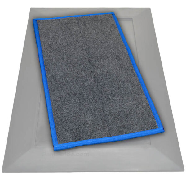 SaniStride Low Profile shoe sanitizer mat disinfects the bottoms of footwear once customer adds sanitizer, meets ADA specifications, antimicrobial mat
