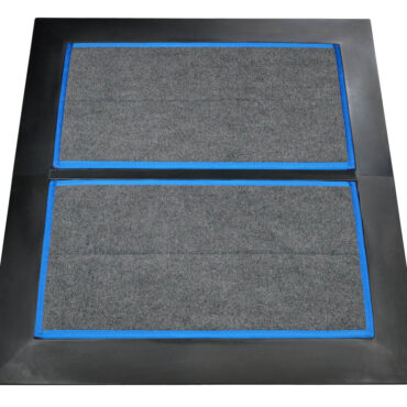 Sanitize cart wheels, SaniStride Low Profile 2 piece Wide Runner shoe disinfecting mat system sanitizes shoe bottoms when sanitizer is added, meets ADA specifications
