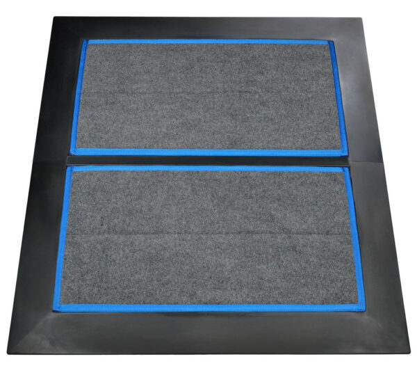 Sanitize cart wheels, SaniStride Low Profile 2 piece Wide Runner shoe disinfecting mat system sanitizes shoe bottoms when sanitizer is added, meets ADA specifications