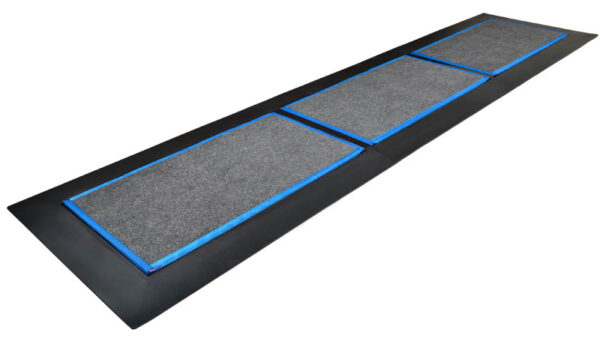 SaniStride Low Profile 3 piece Long Runner shoe disinfecting mat system sanitizes shoe bottoms when sanitizer is added, meets ADA specifications