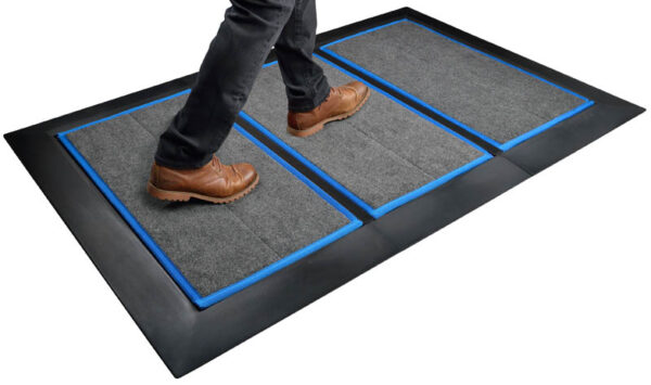 SaniStride Low Profile 3 piece Wide Runner shoe disinfecting doormat system sanitizes shoe bottoms when sanitizer is added, meets ADA specifications