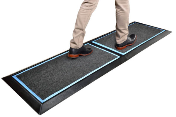 SaniStride 1" deep 2 piece Long Runner shoe and boot disinfecting mat system sanitizes footwear bottoms once sanitizer is added