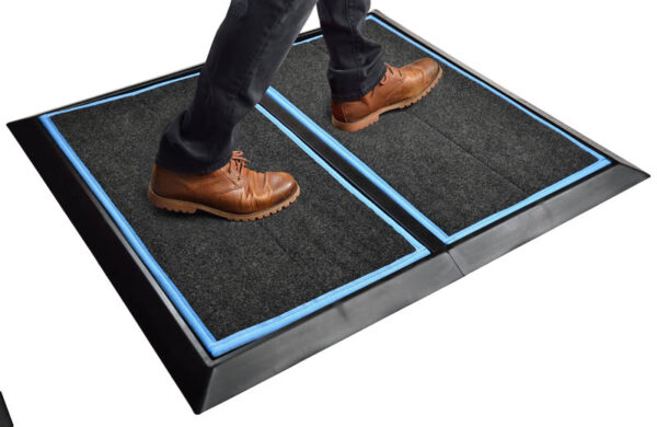 SaniStride 1" deep 2 piece Wide Runner boot bath mat system sanitizes boot bottoms once sanitizer is added