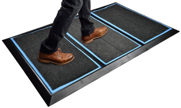 SaniStride 1" deep 3 piece Wide Runner shoe and boot disinfecting mat system sanitizes footwear bottoms once sanitizer is added