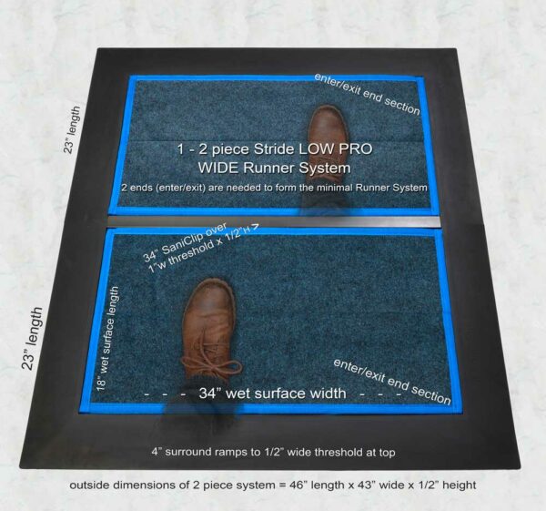Sanitize cart wheels, SaniStride Low Profile 2 piece Wide Runner shoe sanitizing mat system disinfects shoe bottoms when sanitizer is added and meets ADA specs, Boot dip mat, shoe sanitizing mat, mat with disinfectant, antimicrobial mat, kill germs on shoes, Sanistride, Stride mat, sanitizer mat, industrial disinfecting mat, sanitizing doormat, shoe disinfectant mat, shoe sanitizing mat, boot disinfectant mat, sanitizer mat, sanitizing mat, disinfectant door mat