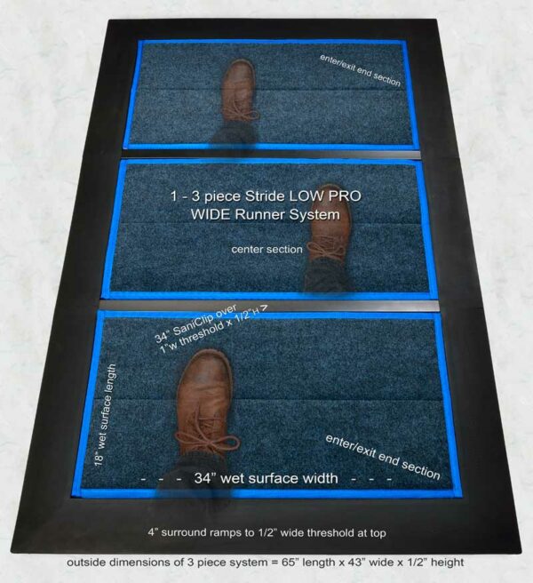 Sanitize cart wheels, SaniStride Low Profile 3 piece Wide Runner shoe disinfecting doormat system sanitizes shoe bottoms with disinfectant is added, meets ADA specs, Boot dip mat, shoe sanitizing mat, mat with disinfectant, antimicrobial mat, kill germs on shoes, Sanistride, Stride mat, sanitizer mat, industrial disinfecting mat, sanitizing doormat, shoe disinfectant mat, shoe sanitizing mat, boot disinfectant mat, sanitizer mat, sanitizing mat, disinfectant door mat