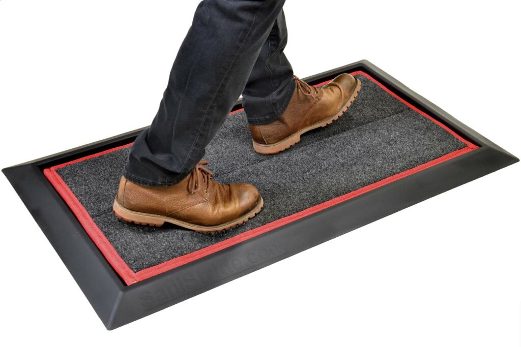 Boot dip mat, shoe sanitizing mat, mat with disinfectant, antimicrobial mat, kill germs on shoes, Sanistride, Stride mat, sanitizer mat, industrial disinfecting mat, sanitizing doormat, mat with disinfectant, 1" deep mat, 1" deep shoe disinfectant mat